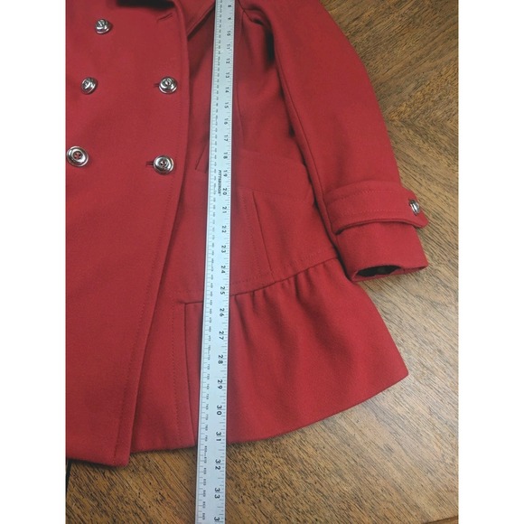 Juicy Couture Coat Size Small Red Italian Wool Jacket Ruffle Trim Pea Coat - Picture 3 of 15